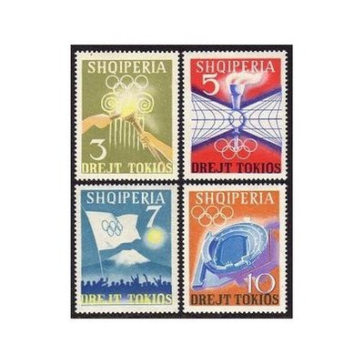 特賣- 阿爾巴尼亞1964年郵票 東京奧運會 運動 火炬 場館 外國郵票4全新