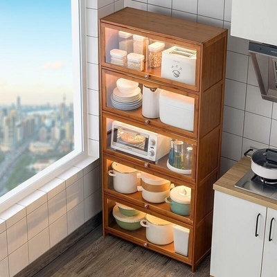廚房落地多層家用收納置物架多功能實木放碗電器微波爐儲物櫃
