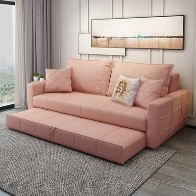 熱銷 北歐沙發床客廳多功能兩用小戶型網紅款抽拉式雙人粉色輕奢折疊床原創