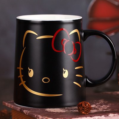 【上品居家生活】大頭蝴蝶結款 正版 Hello Kitty 凱蒂貓 黑色馬克杯 骨瓷陶瓷水杯 (#80761)