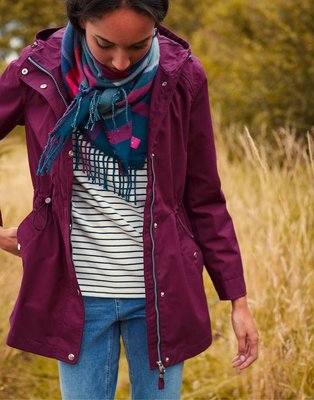Miolla 英國品牌Joules 深紫色豹紋內裡防風防水腰間繫帶中長版外套