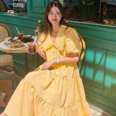 新品 韓國時尚氣質翻領純色荷葉邊連身裙洋裝