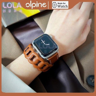 適用於Apple Watch Ultra 愛馬仕同款雙圈鏈式錶帶 iWatch45678SE代牛皮錶帶 蘋果手錶真皮錶帶-LOLA創意家居