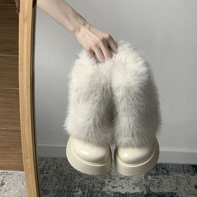 白色保暖防滑毛毛厚底雪地靴女款冬季2024新款短靴刷毛爆款馬丁靴