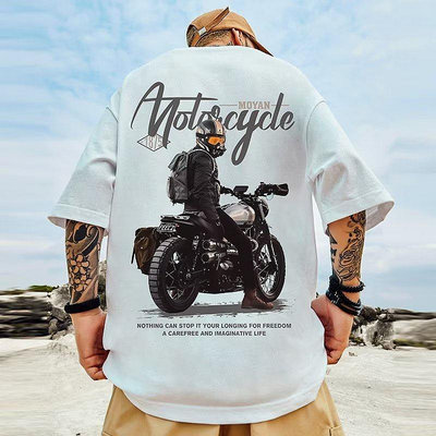 大碼中性摩托車男孩印花短袖時尚T恤美式複古休閒T恤寬鬆情侶半袖上衣Lelaki Lengan P