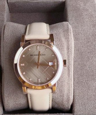 BURBERRY 玫瑰金色立體格紋錶盤 杏色皮革錶帶 女士 石英手錶 BU9131