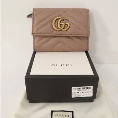 【二手】Gucci GG Marmont Wallet 黑色斜紋縫線 真皮三折式短夾 卡夾 皮夾男女短夾