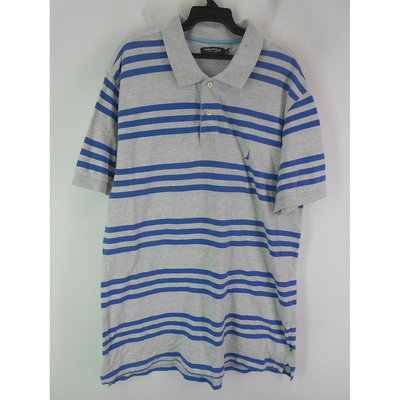 男 ~【NAUTICA】淺灰色+寶藍色條紋POLO衫 XL號(4B168)~99元起標~