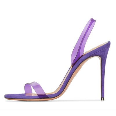 一字帶綠色紫色PVC細高跟一腳蹬涼鞋圓頭露趾露跟時尚高跟鞋外貿