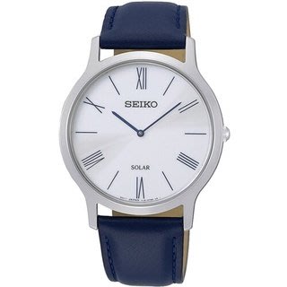 【99鐘錶屋】SEIKO精工錶：〈SEIKO-SOLAR〉太陽能日超薄腕錶-38㎜/銀框藍色皮帶(SUP857P1)
