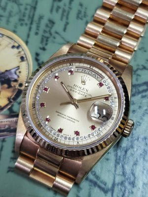 ROLEX 勞力士 18238 DAY-DATE 蠔式18K金  小紅寶多層鑽面盤 一手錶 極新品 無拋整 盒單齊全