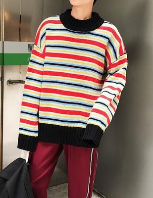 FINDSENSE Z1 韓國 時尚 潮 男 寬鬆 高領條紋 彩條 毛衣 針織襯衫 外套 上衣