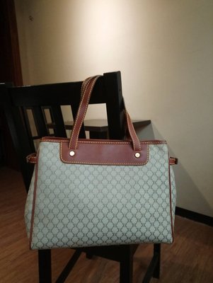 Celine 【名牌真品】駝色皮革 拼接LOGO緹花布 方形手提包