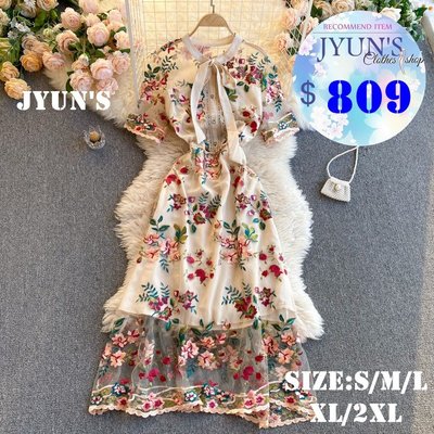 JYUN'S 初春新款法國赫本風撞色網紗蝴蝶結領顯瘦刺繡花朵連衣裙短袖洋裝連身裙大尺碼2色S~2XL現貨