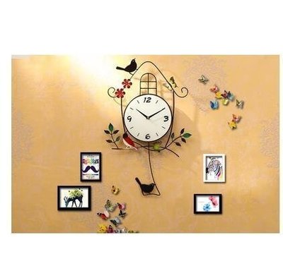 【超夯】【彩色小鳥 4木相框 彩蝶】創意掛鐘客廳歐式裝飾鐘錶小鳥田園時鐘CRD