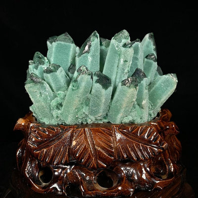 奇石 原石擺件 綠水晶晶簇帶座高13.5×14×10cm 重1.85公斤編號3508