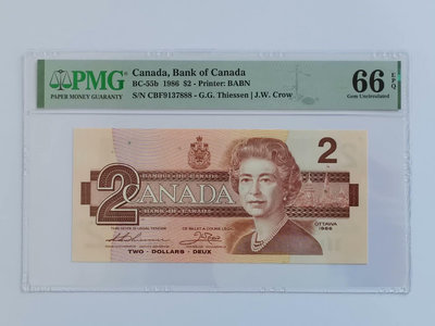 豹子888 加拿大1986年 2 元女王鈔 女王紙幣 PMG