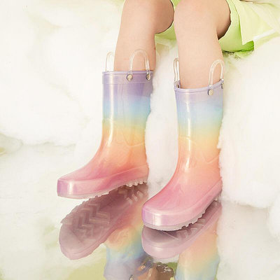 kidsing彩虹雨靴兒童防滑夏季雨鞋女小童寶寶時尚中筒水鞋膠鞋