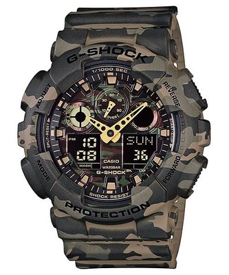 【金台鐘錶】CASIO 卡西歐G-SHOCK GA-100CM-5A 男錶 橡膠錶帶 黃迷彩 雙顯 耐衝擊構造
