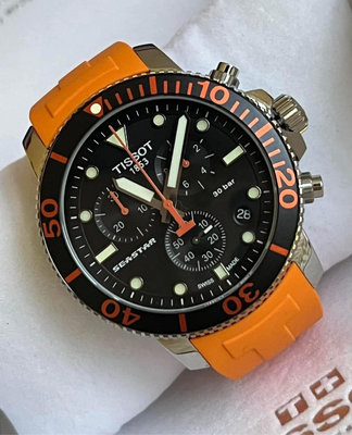 TISSOT Seastar1000 黑色錶盤 橘色橡膠錶帶 石英 三眼計時 男士手錶 T1204171705101 天梭腕錶