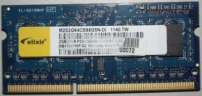南亞 筆記型電腦記憶體DDR3-1600終保2GB 2G筆電ELIXIR 1.5V M2S2G64CB88G5N-DI