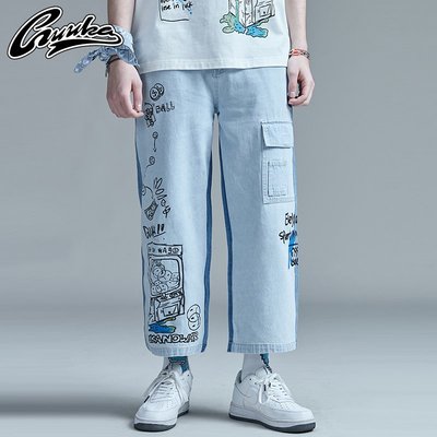 GUUKA潮牌藍色牛仔褲男夏季薄 學生嘻哈運動大印花直筒九分褲寬松