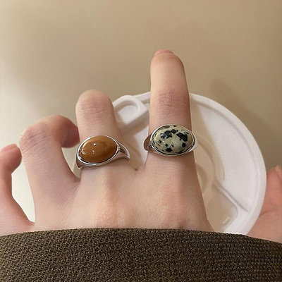 戒指 天然石樹脂金屬開口戒指女法式復古小眾個性簡約首飾 百搭氣質指環戒指飾品