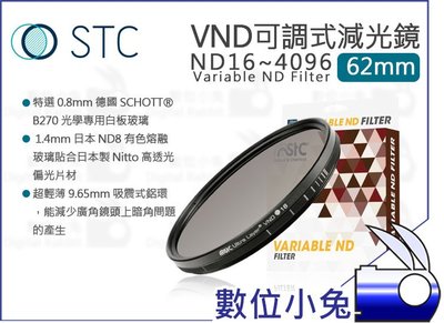 數位小兔【STC VND 可調式 減光鏡 62mm ND16~4096】ND鏡 防靜電 公司貨 多層鍍膜