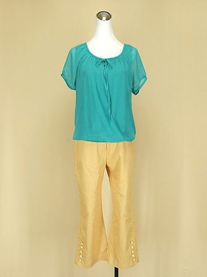 貞新 JUST MISS 專櫃 藍綠色圓領短袖棉質雪紡紗上衣L(38號+C.HUEY 黃色棉質七分褲M號 (36376)