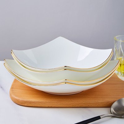 中式意面盤描金邊骨瓷餐具翹角盤西餐平盤湯盤意粉碗骨瓷菜盤子-特價