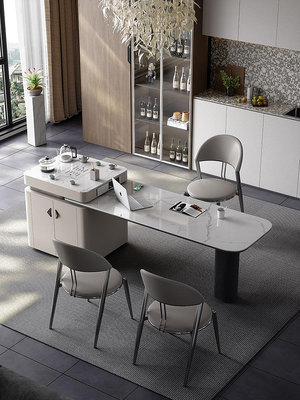 【甄選】高端巖板中島臺茶桌餐桌一體可伸縮家用小戶型現代簡約餐桌椅組合