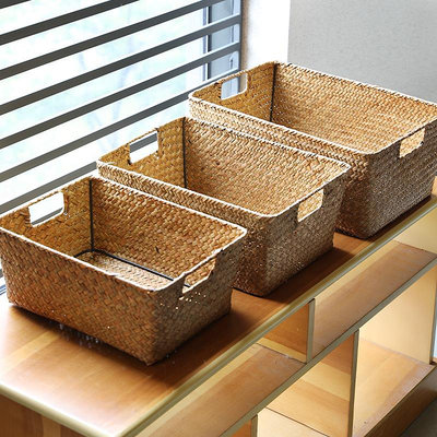 日式草編收納籃家用編織零食茶幾雜物玄關編織筐無蓋儲物箱~晴天