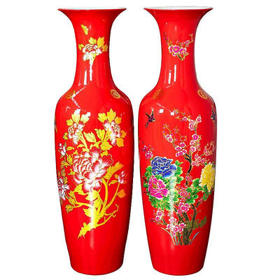 景德鎮陶瓷器紅色落地大花瓶擺件插花新中式客廳裝飾大號特大