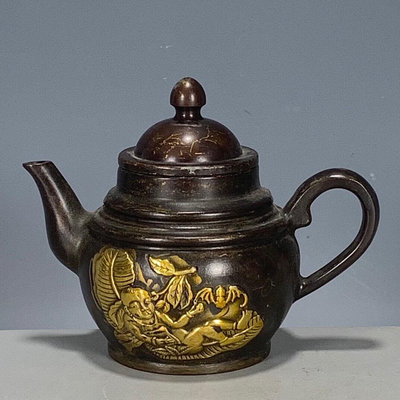 大明宣德年制銅器鎏金人物壺茶壺古玩雜項古董舊貨收藏品老物件