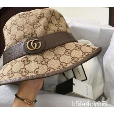 【二手正品】 正貨 Gucci帽子古馳新款雙G金扣滿logo印花帆布軟呢帽漁夫帽 576587