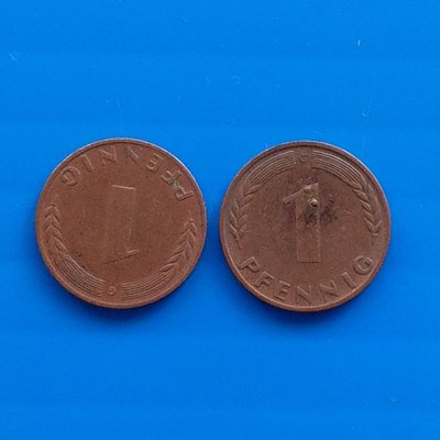 【大三元】德國錢幣-1950年1芬尼G記~2枚~1枚變體多料
