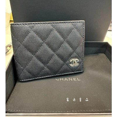 二手99新 CHANEL 香奈兒 新款 黑色 魚子醬 牛皮 對折 卡包 卡夾