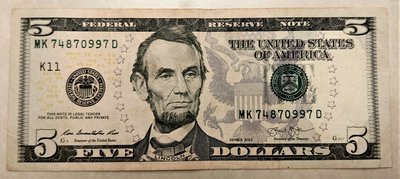 2013 年 舊版 早期 小頭 美國 5 元 Five Dollars 美金 美鈔 紙鈔