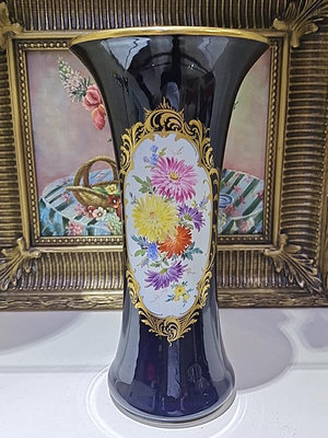 【二手】德國梅森Meissen敞口稀有花卉花瓶: 鈷蘭，開窗，全品， 古董 老貨 收藏 【古物流香】-1509