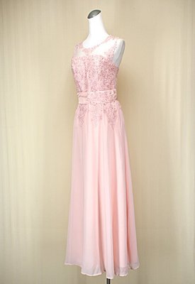 貞新二手衣 精品 粉紅雕花圓領無袖蕾絲緞面網紗禮服洋裝F號/演奏畢業婚紗(32724)