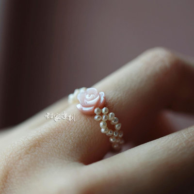 【甜家手制】奧斯汀 原創手工粉蝶貝小玫瑰天然珍珠編珠復古戒指