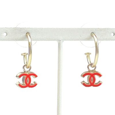 Chanel vintage香奈兒復古兩用桃紅色cc標誌吊墜式鉤式針式耳環 項鍊