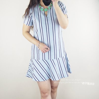 正韓 韓國連線 直條紋荷葉滾邊裙 短袖洋(天藍、白) ~桔子瑪琪朵。惠衣