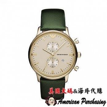 潮牌 EMPORIO ARMANI 亞曼尼手錶 AR1722 情侶手錶 男款 手錶 腕錶 金邊綠錶帶 海外代購-雙喜生