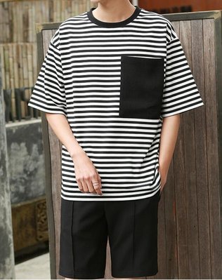 FINDSENSE MD 時尚 男 韓國 寬鬆五分袖 大口袋 條紋 大碼 休閒 運動短T 特色短T 短袖T恤