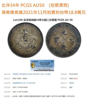 北洋34年 大字凹眼龍連雲版 PCGS AU92 環狀黑色「五彩」老包漿 [認證編號34638184] 【和美郵幣社】