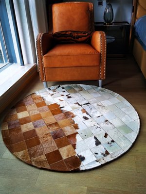 輕奢客廳沙發真奶牛皮拼接圓形地毯馬毛皮北歐臥室地墊子現代簡約~特價