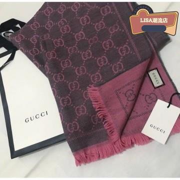 LISA二手 Gucci 古馳 411115 3G200 粉色/杏色 雙面長圍巾 石墨灰色/粉色 133483