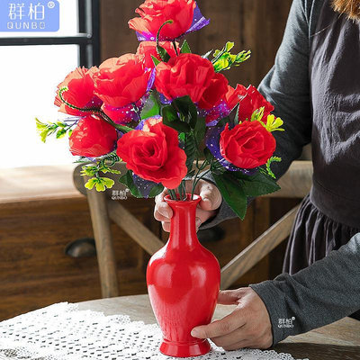 小花瓶迷你陶瓷紅色花瓶結婚擺件家居客廳插花紅創意供佛一對