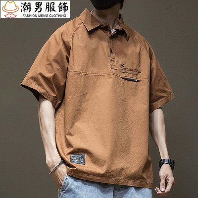 新品 工裝polo美式polo夏季工裝襯衫男Polo衫新款寬鬆大尺碼男士襯衫日系潮牌五分短袖上衣-可開發票